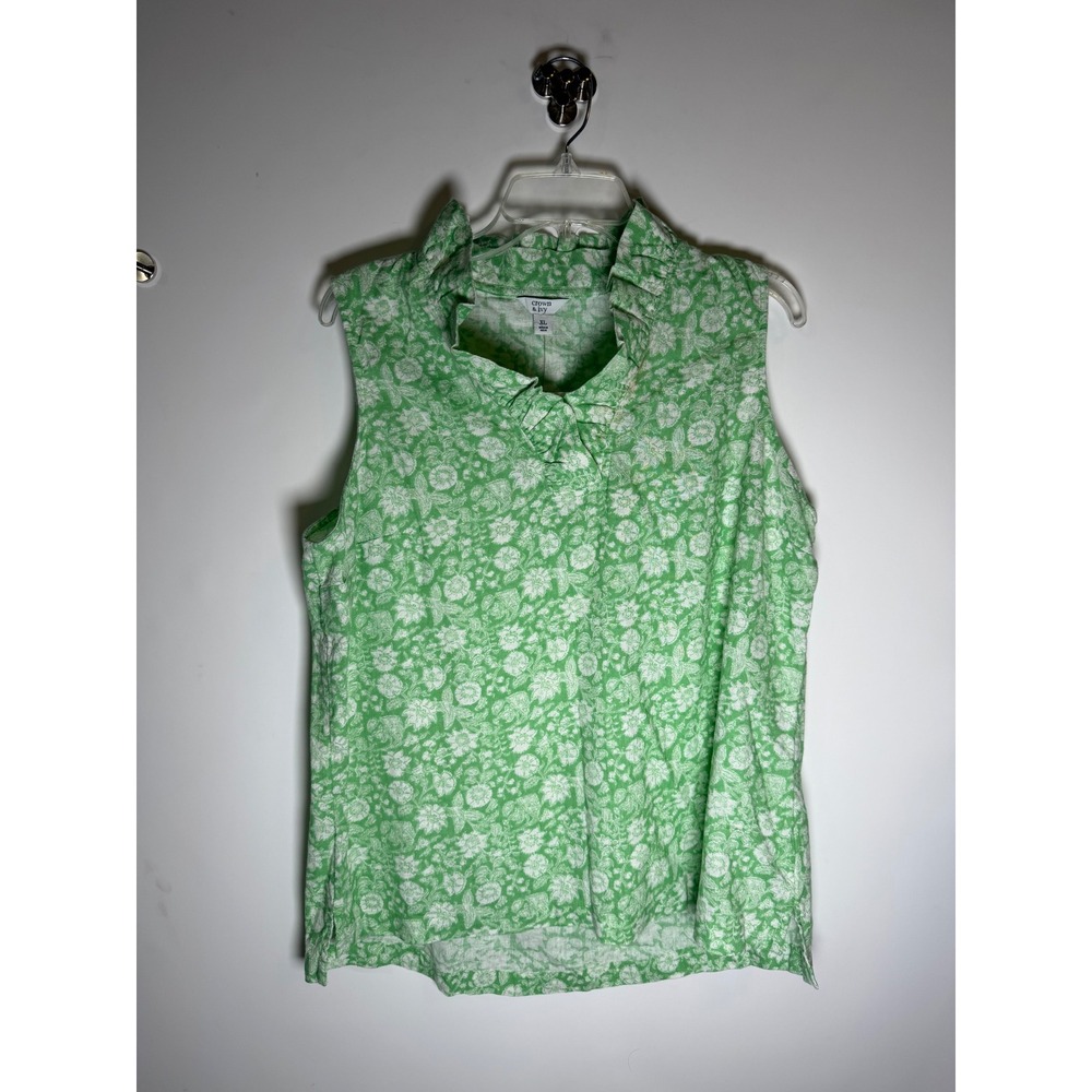 Crown & Ivy Women Green Floral Ruffle Neck Linen Cotton Sleeveless Top XL NWT